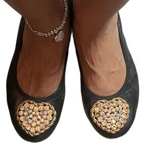 Chanel Black/Gold Leather Camellia Sz 39 EUR 9 US Beaded Scrunch Ballet Flat